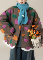 Women Coffee O Neck Pockets Floral Woolen Coats Winter