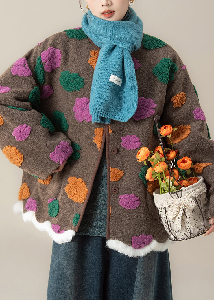 Women Coffee O Neck Pockets Floral Woolen Coats Winter