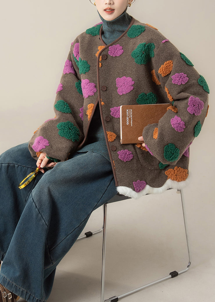 Women Coffee O Neck Pockets Floral Woolen Coats Winter