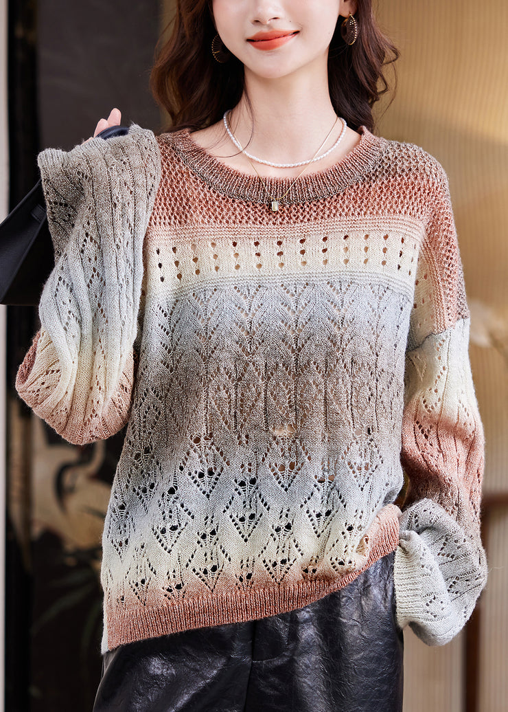Women Coffee O-Neck Print Cotton Knit Sweater Fall