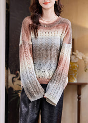 Women Coffee O-Neck Print Cotton Knit Sweater Fall