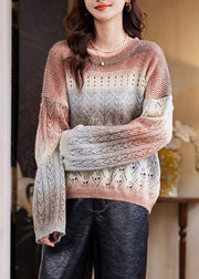 Women Coffee O-Neck Print Cotton Knit Sweater Fall