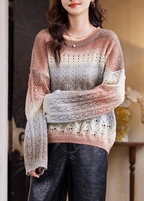 Women Coffee O-Neck Print Cotton Knit Sweater Fall