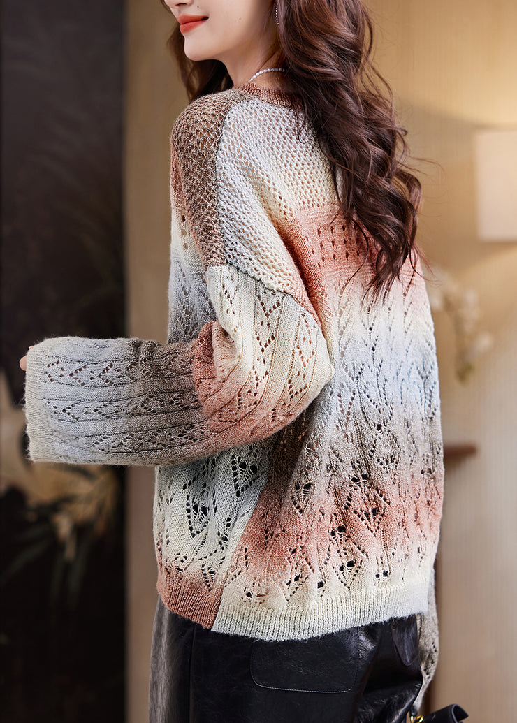 Women Coffee O-Neck Print Cotton Knit Sweater Fall