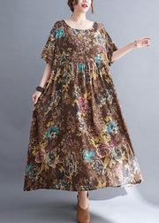 Women Coffee O-Neck Print Maxi Dress Short Sleeve