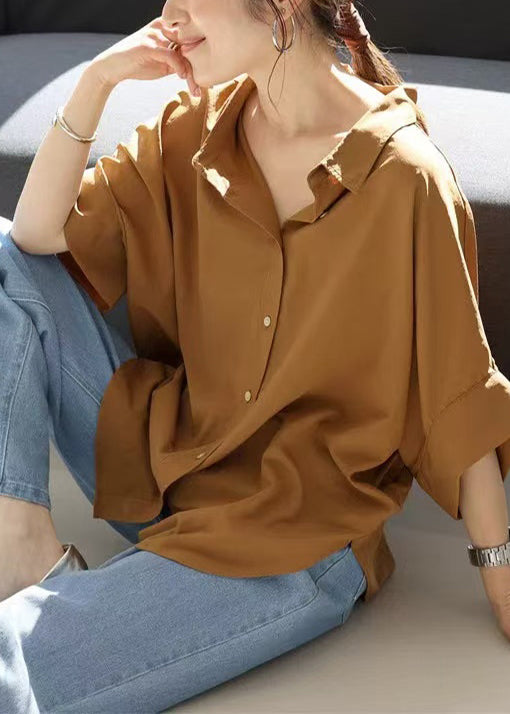 Women Coffee Oversized Cotton Shirt Top Summer