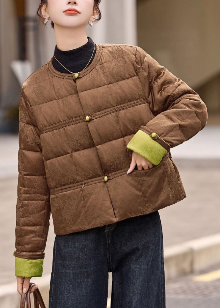 Women Coffee Pockets Patchwork Duck Down Down Short Coat Winter