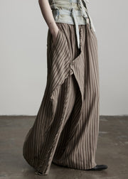 Women Coffee Pockets Striped False Two Pieces Cotton Pants Fall