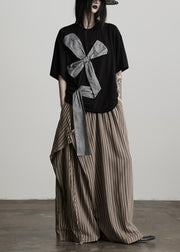 Women Coffee Pockets Striped False Two Pieces Cotton Pants Fall