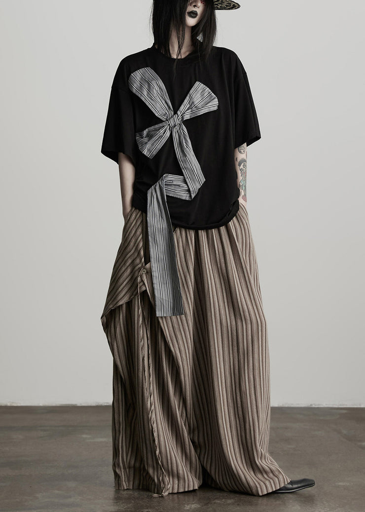 Women Coffee Pockets Striped False Two Pieces Cotton Pants Fall