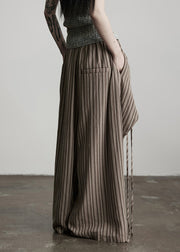 Women Coffee Pockets Striped False Two Pieces Cotton Pants Fall