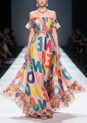 Women Cold Shoulder Letter Print Chiffon Beach Dresses Summer