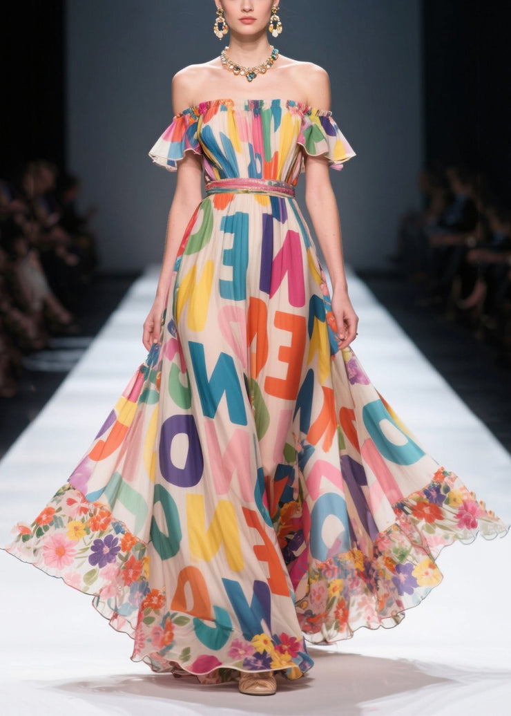 Women Cold Shoulder Letter Print Chiffon Beach Dresses Summer