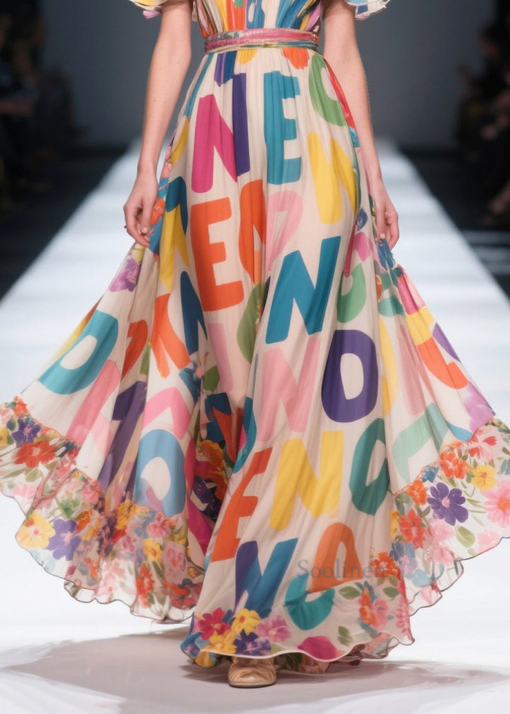 Women Cold Shoulder Letter Print Chiffon Beach Dresses Summer