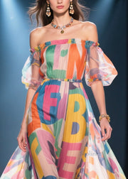 Women Cold Shoulder Letter Print Chiffon Vacation Dress Summer