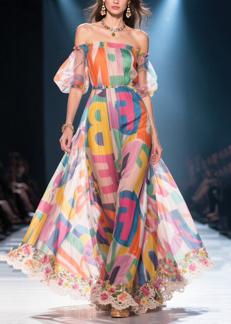 Women Cold Shoulder Letter Print Chiffon Vacation Dress Summer