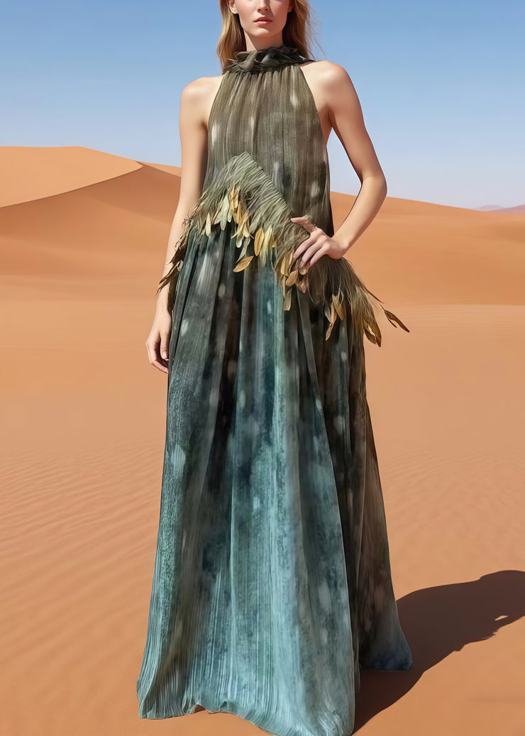 Women Cold Shoulder Tie Dye Feathers Dress Summer