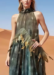 Women Cold Shoulder Tie Dye Feathers Dress Summer