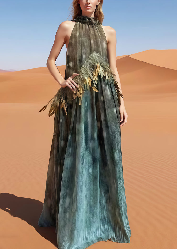 Women Cold Shoulder Tie Dye Feathers Dress Summer