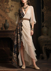 Women Colorblock Asymmetrical Patchwork Chiffon Robe Dresses Summer