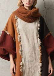 Women Colorblock Asymmetrical Patchwork Faux Fur Dress Lantern Sleeve
