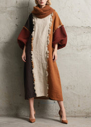 Women Colorblock Asymmetrical Patchwork Faux Fur Dress Lantern Sleeve