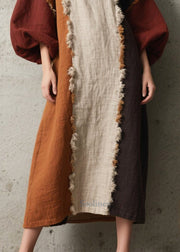Women Colorblock Asymmetrical Patchwork Faux Fur Dress Lantern Sleeve