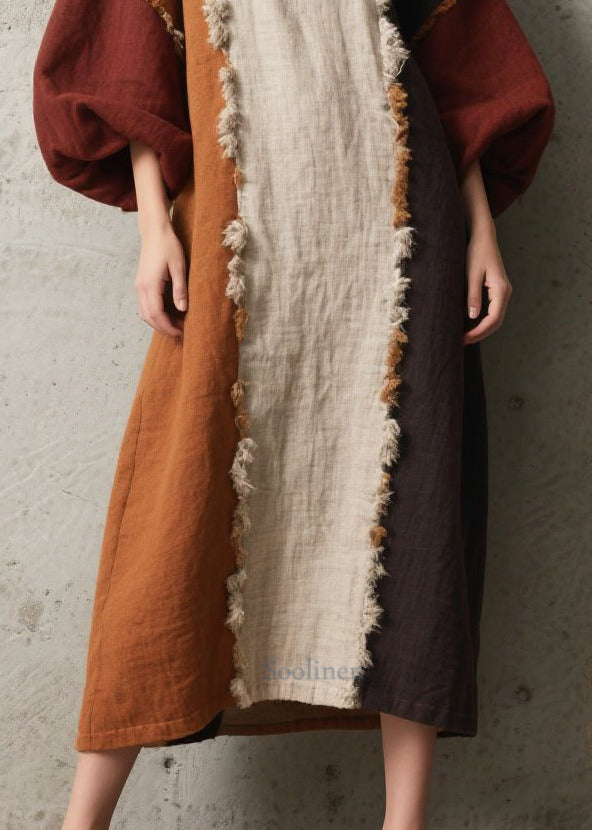 Women Colorblock Asymmetrical Patchwork Faux Fur Dress Lantern Sleeve
