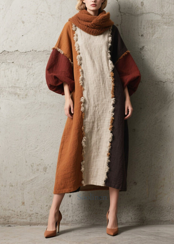 Women Colorblock Asymmetrical Patchwork Faux Fur Dress Lantern Sleeve