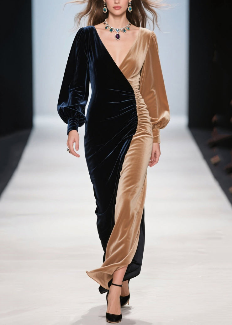 Women Colorblock Asymmetrical Patchwork Silk Velvet Dinner Dress Spring