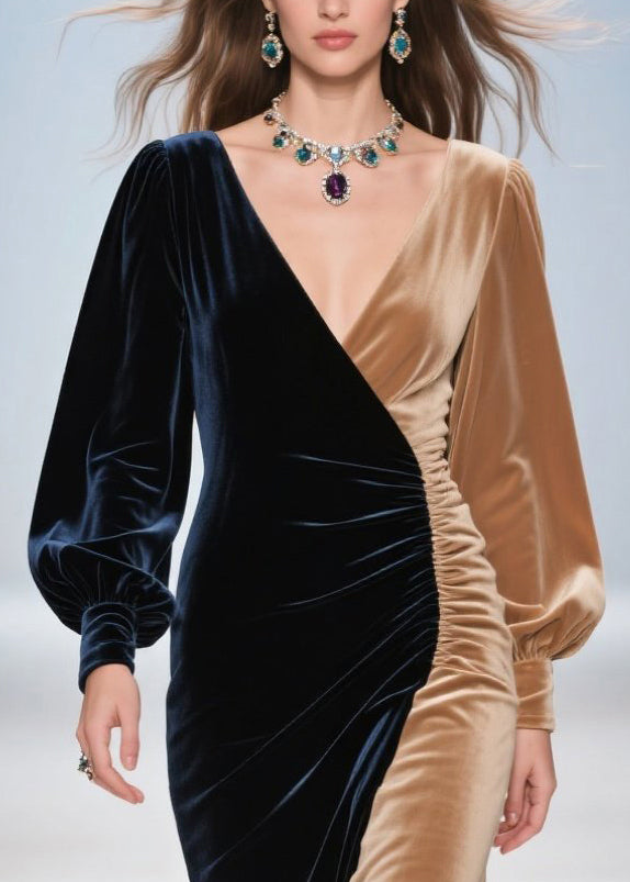 Women Colorblock Asymmetrical Patchwork Silk Velvet Dinner Dress Spring