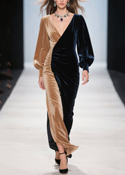 Women Colorblock Asymmetrical Patchwork Silk Velvet Dinner Dress Spring