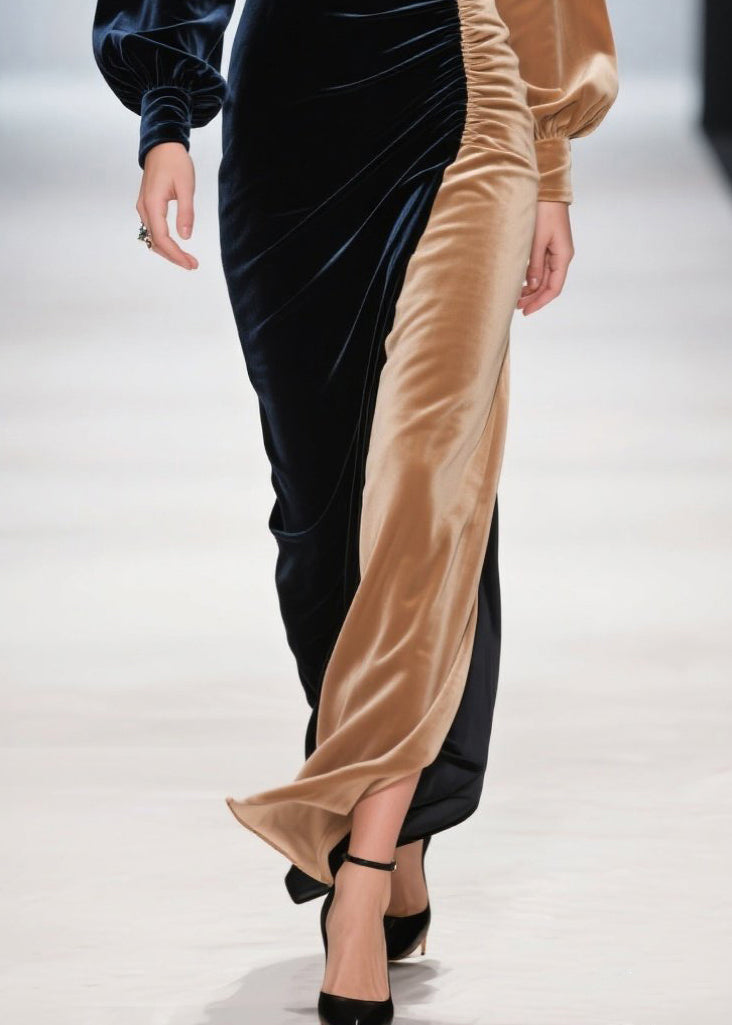 Women Colorblock Asymmetrical Patchwork Silk Velvet Dinner Dress Spring