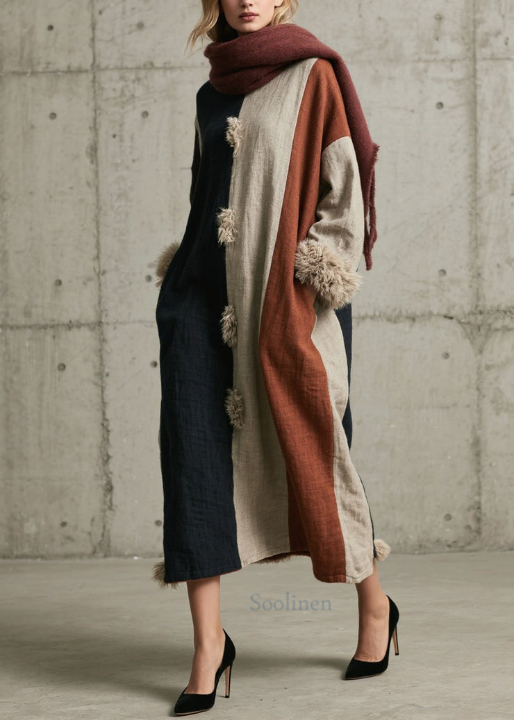 Women Colorblock Fuzzy Fur Fluffy Patchwork Cotton Dress Fall