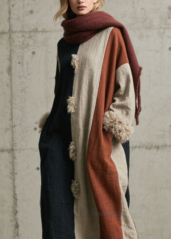 Women Colorblock Fuzzy Fur Fluffy Patchwork Cotton Dress Fall