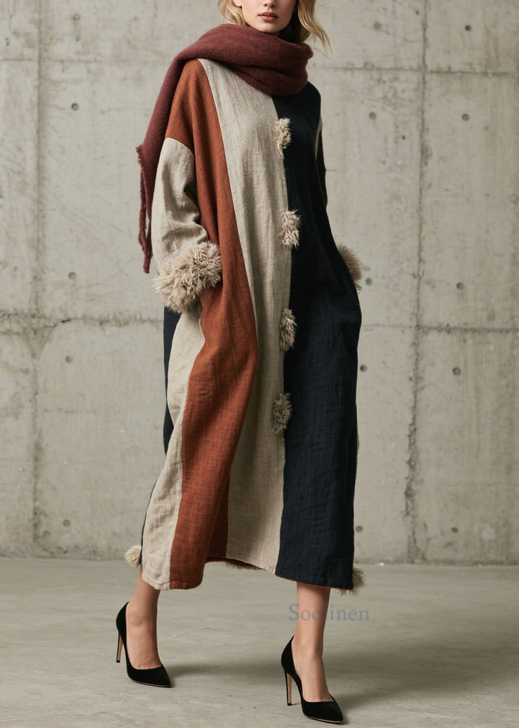 Women Colorblock Fuzzy Fur Fluffy Patchwork Cotton Dress Fall