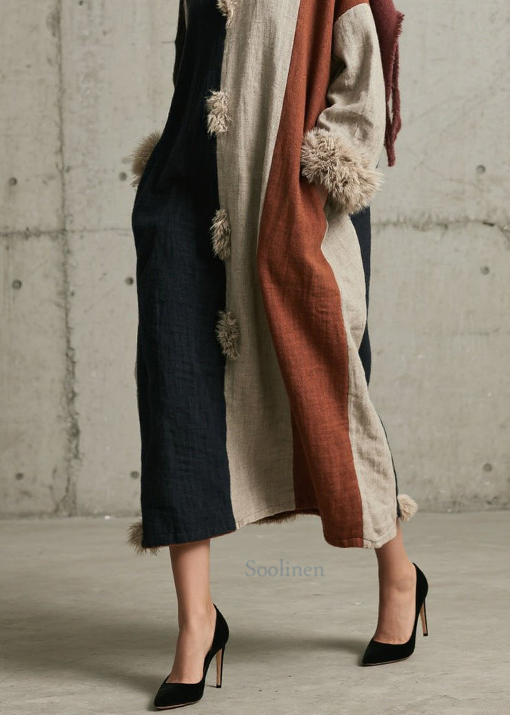 Women Colorblock Fuzzy Fur Fluffy Patchwork Cotton Dress Fall