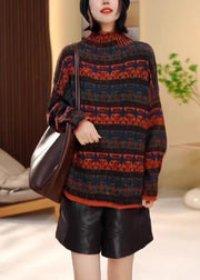 Women Colorblock Hign Neck Striped Knit Pullover Winter