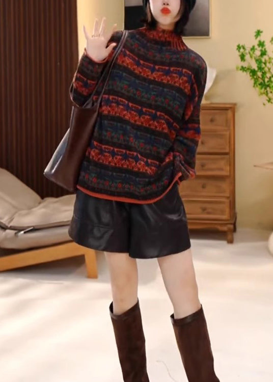 Women Colorblock Hign Neck Striped Knit Pullover Winter