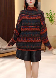 Women Colorblock Hign Neck Striped Knit Pullover Winter