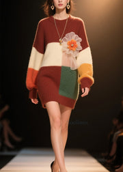 Women Colorblock O Neck Floral Knit Dress Winter