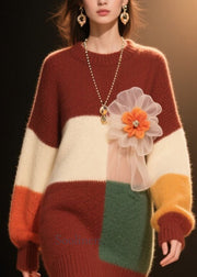 Women Colorblock O Neck Floral Knit Dress Winter