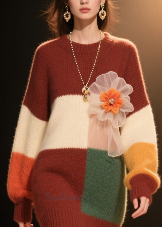 Women Colorblock O Neck Floral Knit Dress Winter