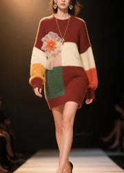 Women Colorblock O Neck Floral Knit Dress Winter