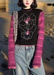 Women Colorblock O Neck Patchwork Cotton T Shirts Fall