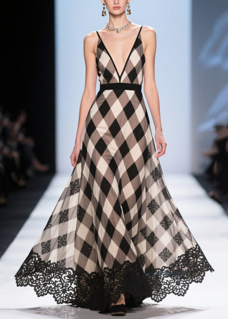 Women Colorblock Plaid Patchwork Lace Chiffon Evening Dress Summer