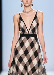 Women Colorblock Plaid Patchwork Lace Chiffon Evening Dress Summer