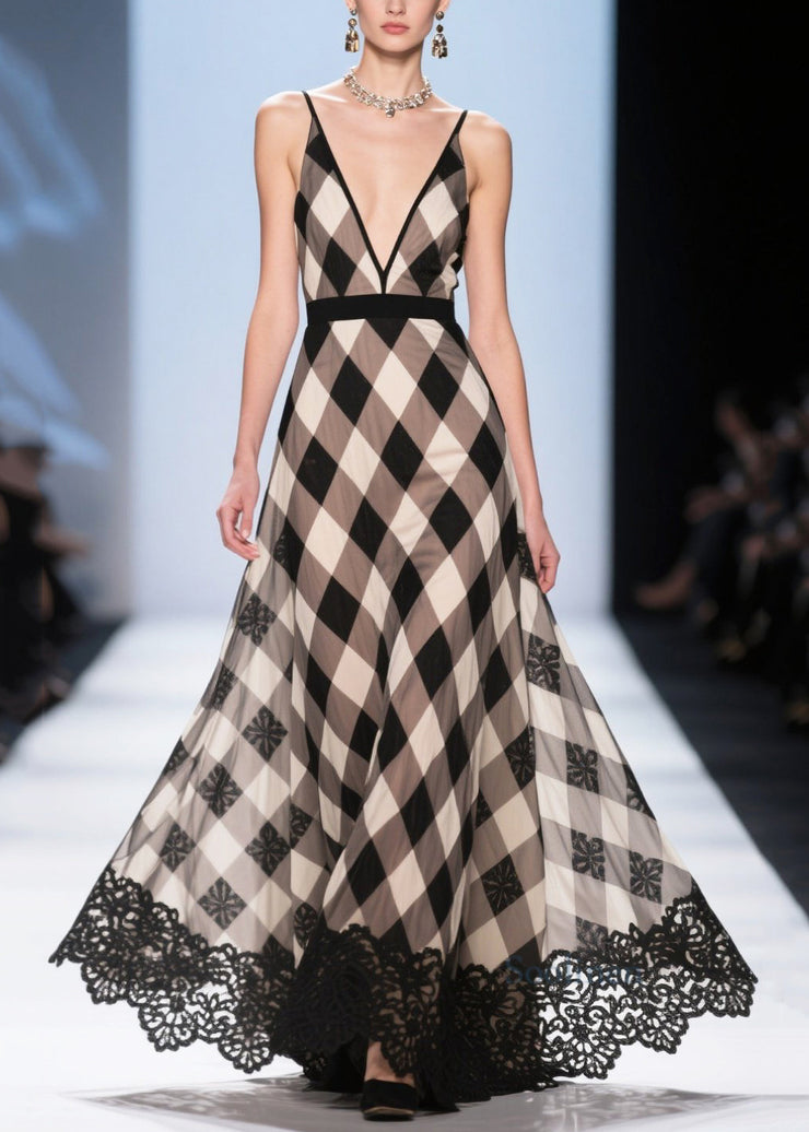Women Colorblock Plaid Patchwork Lace Chiffon Evening Dress Summer