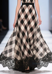 Women Colorblock Plaid Patchwork Lace Chiffon Evening Dress Summer
