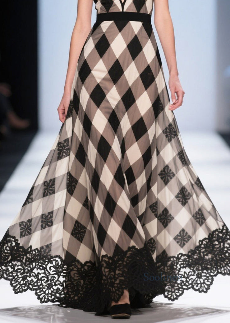 Women Colorblock Plaid Patchwork Lace Chiffon Evening Dress Summer